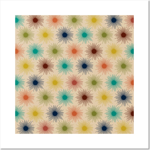 Mid Century Modern Multicolor Sunburst Pattern in Mid Mod Teal, Mustard, Olive, Orange, and Beige Wall Art by KierkegaardDesignStudio